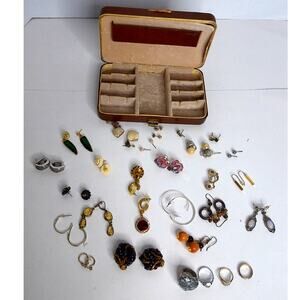 Vintage Assorted Clip On And Pierced Earrings Rings With Jewelry Box LOT OF 27